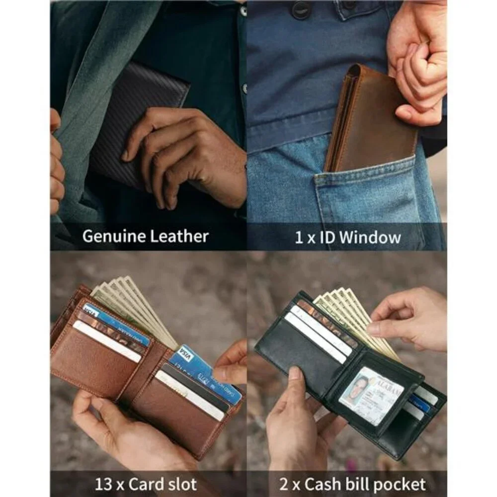 Mens Leather Bifold Wallet RFID Blocking 13 Card Holder 2 Cash Pockets ID Window